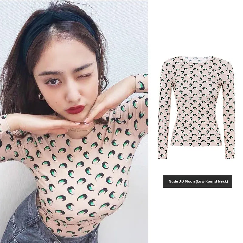 Sweet Two Piece Set Women American Retro Layered Outfit Long Sleeve Moon Print Top Ice Silk Pants Sexy Casual Autumn Fashion