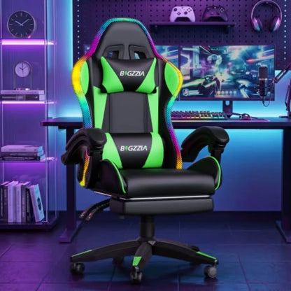 RGB gaming chair with footrest and lumbar massage for adult/kid, green fabric, ergonomic support and adjustable comfort