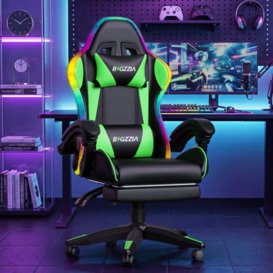 RGB gaming chair with footrest and lumbar massage for adult/kid, green fabric, ergonomic support and adjustable comfort