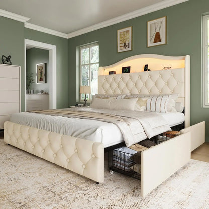Queen Size Bed Frame and Headboard & 4 Storage Drawers, Upholstered Platform Bed Frame with RGB LED Lights &, Customized
