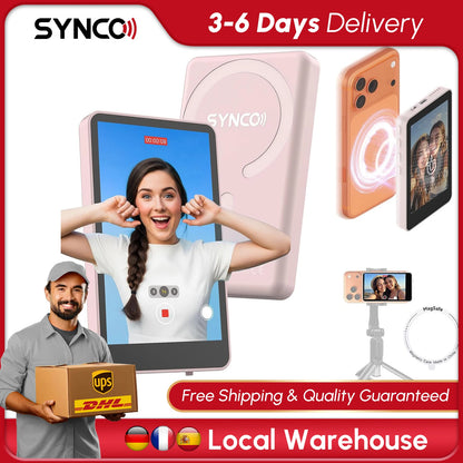 【US STOCK】 SYNCO XView M4 4 Inch Magnetic Vlog Selfie Monitor Screen P2P Wireless Connection Bluetooth Remote Control No WiFi Needed Portable Rear Camera Viewfinder Compatible with iPhone Smartphone Ideal for Outdoor Vlog