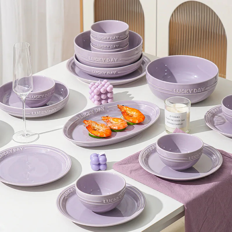 LingAo--Ceramic Purple Household High Appearance Level Solid Color Bowl, Plate, Soup Bowl, Tableware Set