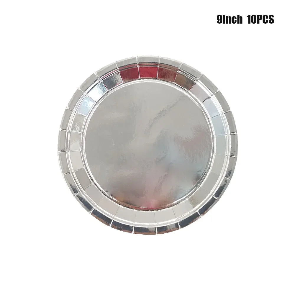 Shiny Silver Tableware Set Metallic Paper Plates Cups Holographic Tablecloth For Adult Birthday Wedding Party Decorations
