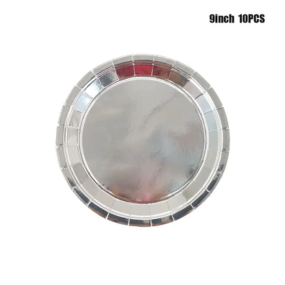 Shiny Silver Tableware Set Metallic Paper Plates Cups Holographic Tablecloth For Adult Birthday Wedding Party Decorations