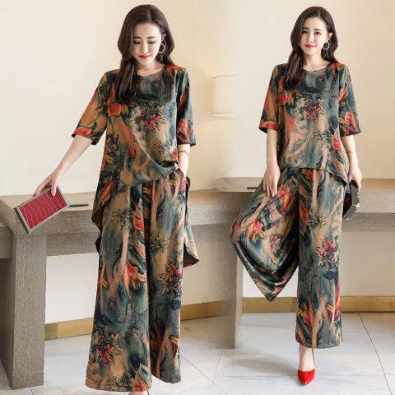 New Women Summer Loose Printed Set Lady Wide-Leg Pants Two-Piece Set Woman Casual Set Ladies Outwear Short-Sleeve Long Pants Set