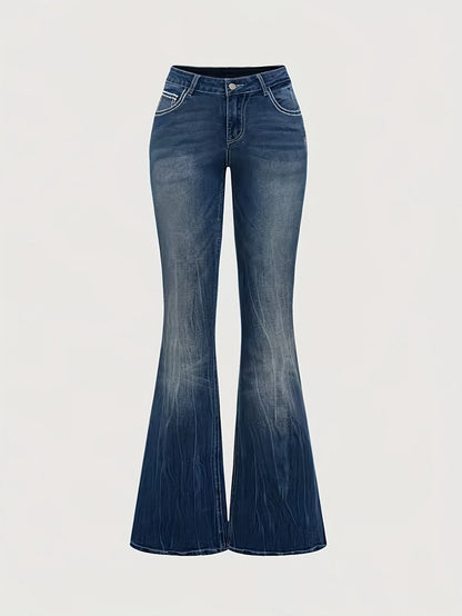 Jeans Flare Pants Women Vintage Boot Cut Embroidery Pockets Rhinestone Washed Female Distressed Denims Trousers Streetwear