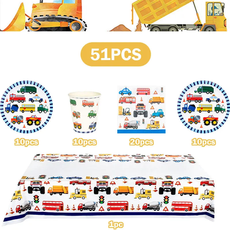 Happy Construction Birthday Party Decorations Set Plates Cup Tablecloth Gift Bags Banner Stickers Cake Decoration Party Supplies