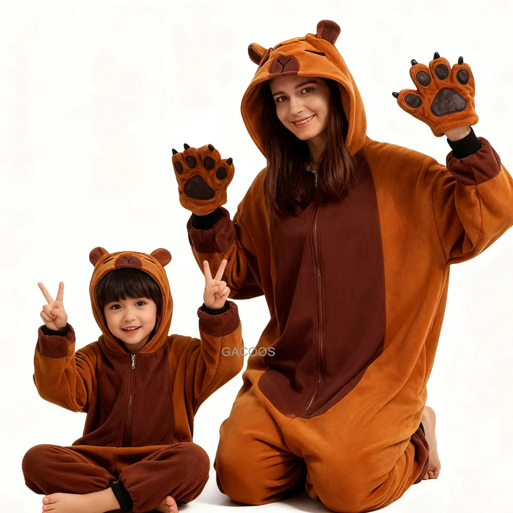 Kids Capybara Onesies Adults Sleepwear Women Men Flannel Cartoon Animal Pajamas Chidlren Christmas Family Performance Jumpsuit