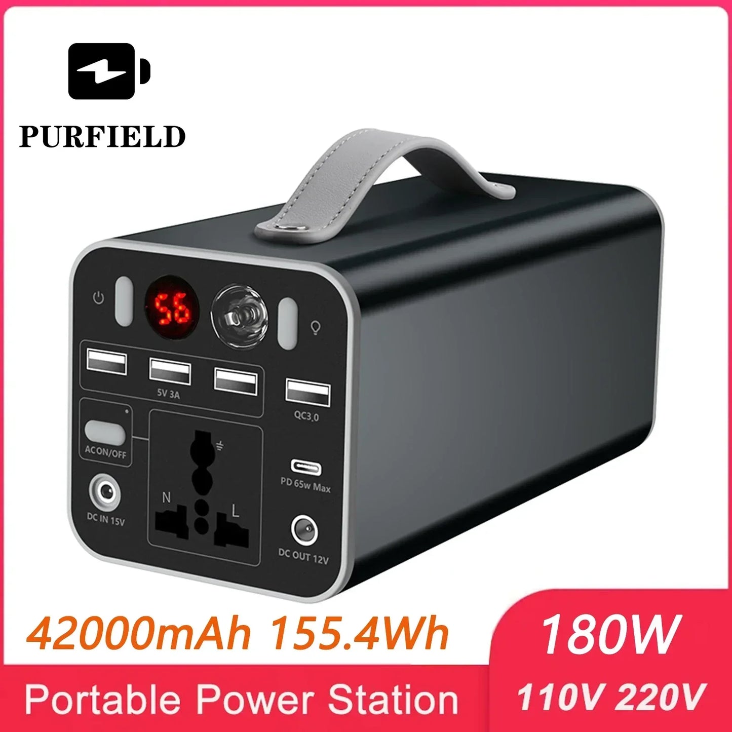 PURFIELD 150W 156Wh Portable Power Station 110V/220V Solar Generator Outdoor Emergency Mobile Power Bank For Camping Power LED