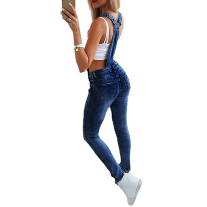 Europe and The United States Fashion Y Word Broadband Sexy Suspenders Pants Women Four Seasons New Washed Ripped Denim Jumpsuit