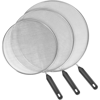 3Pcs Splatter Guard with Handle Stainless Steel Mesh Splatter Screen Splash-Proof Oil Splatter Temperature Resistant for Cooking