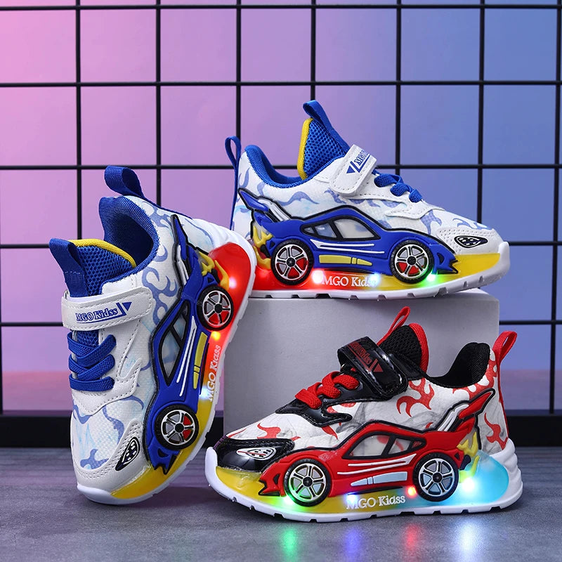 Mgo Kidss New Spring and Autumn Children's Car-Themed Boys' Sneakers, Cartoon Light-Up Shoes for Kids, Boys' Glowing Running Shoes for Ages 1-3-6, Led Light-Up Shoes, Lightweight Boys' Shoes, Light-Up Sneakers, Christmas/Hall