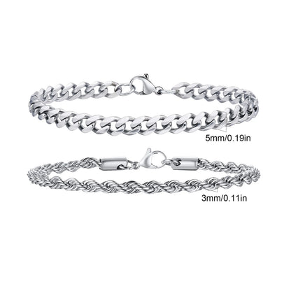 2pcs Men's Chain Bracelets, Stainless Steel Silver Gold Black Color