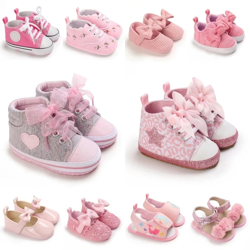 Cute and classic pink themed casual flat shoes for baby girls, soft and comfortable baby walking shoes for 0-18 months
