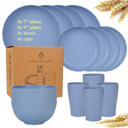 Natural Wheat Straw Tableware Set Dinnerware Sets Biodegradable Unbreakable Plates, Bowls, Cups Lightweight for Kitchen Camping