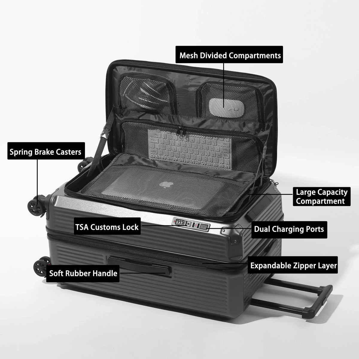 Multi-Functional PC Luggage Expandable Suitcase TSA Lock USB Type-C Port Shockproof Brake Wheel Front Open Carry On Trolley Case