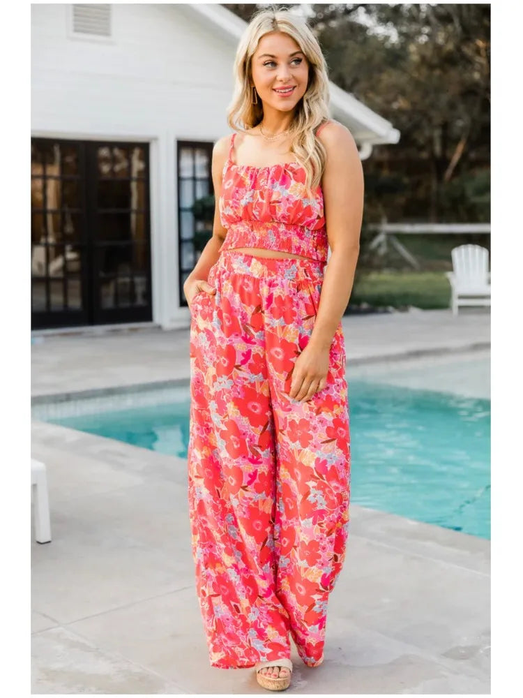 Women's Fashion Print Halter Sexy Short Top + Wide Leg Pant Suit Summer Casual Simple Sweet About Elegant Female Pant 2piece Set