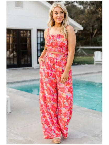 Women's Fashion Print Halter Sexy Short Top + Wide Leg Pant Suit Summer Casual Simple Sweet About Elegant Female Pant 2piece Set