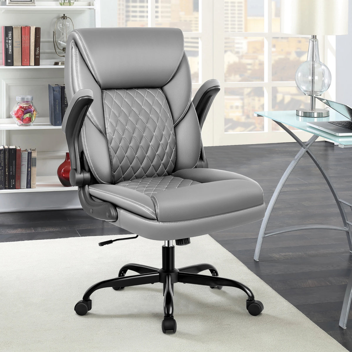 KERDOM Office Desk Chair, Mid Back Executive Leather Chair,Ergonomic Home Computer Chair,Modern Conference Room Chairs with Adjustable Flip-Up Arms and Rocking Function, Black