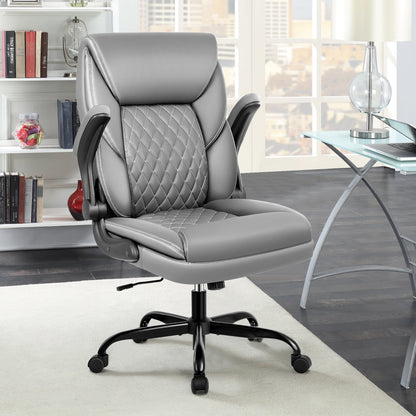 KERDOM Office Desk Chair, Mid Back Executive Leather Chair,Ergonomic Home Computer Chair,Modern Conference Room Chairs with Adjustable Flip-Up Arms and Rocking Function, Black