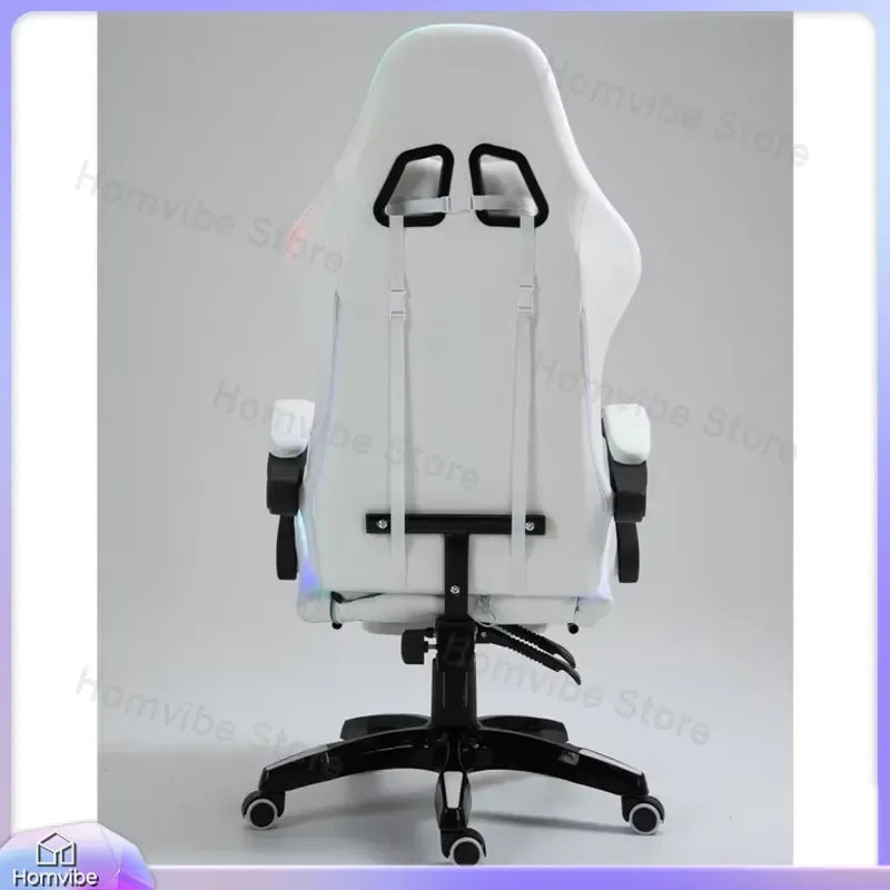 White PU Leather Gaming Chair with RGB LED Lights Massage Function Built-in Speakers Racing Style Ergonomic Design for PC
