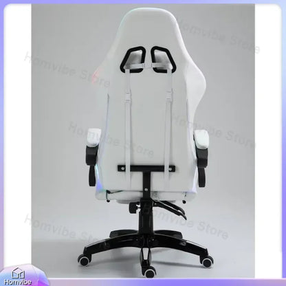 White PU Leather Gaming Chair with RGB LED Lights Massage Function Built-in Speakers Racing Style Ergonomic Design for PC