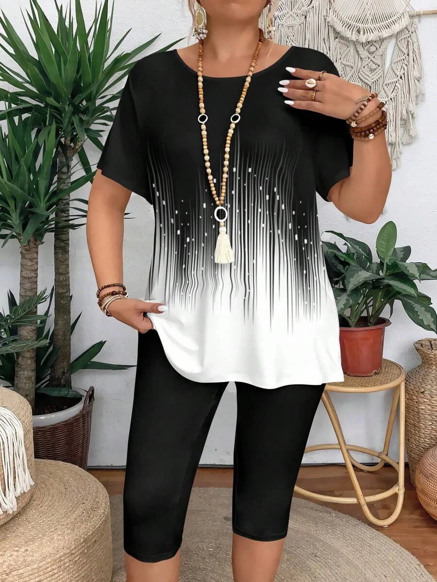 Women's Spring/Summer Fashion Gradient Graphic Print Short Sleeve T-Shirt + Pants Two-Piece Set