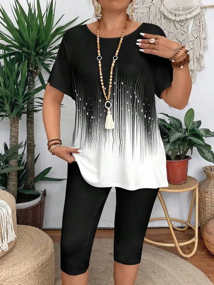 Women's Spring/Summer Fashion Gradient Graphic Print Short Sleeve T-Shirt + Pants Two-Piece Set