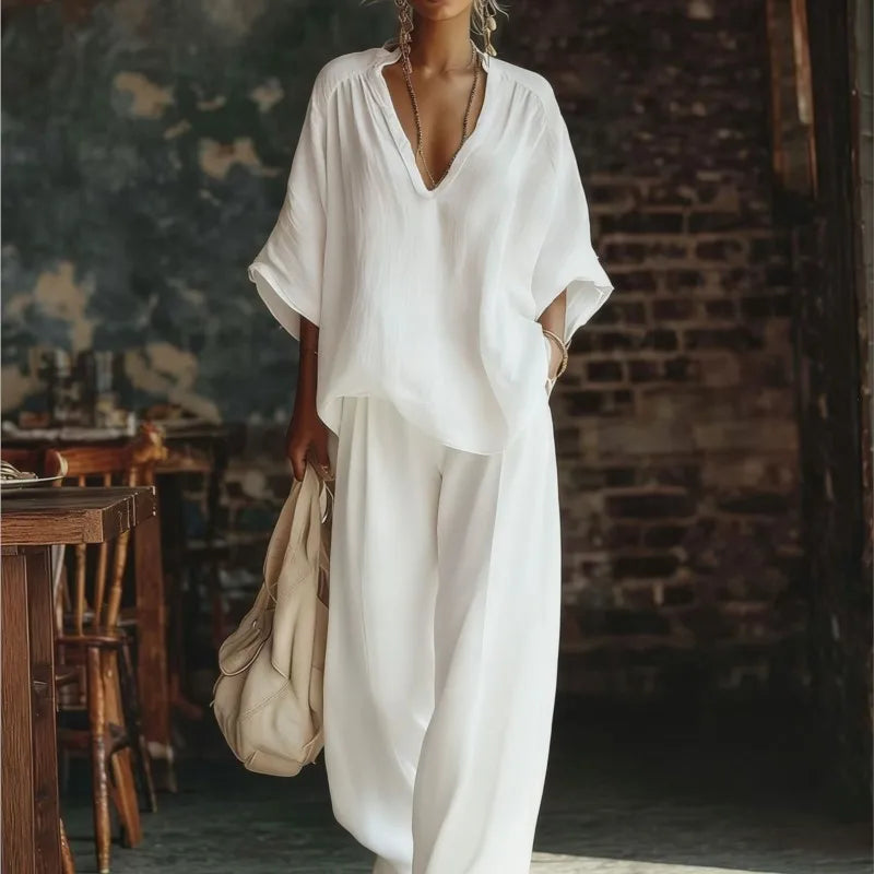 Women's Fashion Simple Casual White Two Piece Sets Spring Summer V Neck Short Sleeve Loose Top & Wide Leg Pants Vacation Set