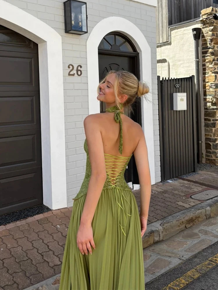 Green Corset Halter Long Dress Women Backless Off Shoulder Pleated Patchwork Slim Maxi Dress 2026 Summer Lady Party Evening Gown