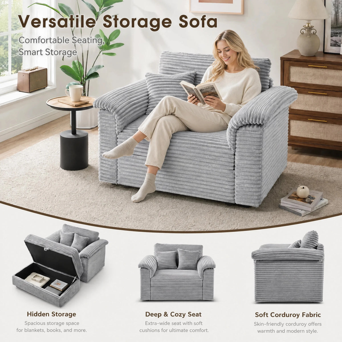 47.24-Inch Corduroy Armchair Storage Ottoman Set Single Sofa Equipped With USB Interface Suitable for Living Room Bedroom