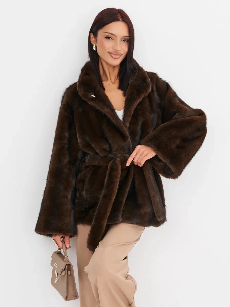 2026 Autumn Winter Women Faux Mink Fur Coat Lapel Collar Belted Long Jacket Luxury Fluffy Outerwear Brown