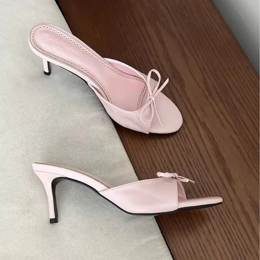 Satin Butterfly-knot Women Slippers Fashion Polka Dot Party Dress Slides Thin High Heel Ladies Elegant Slides Pump
