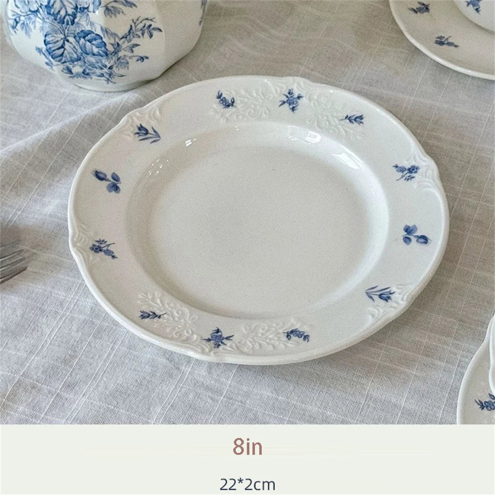Simple Blue Printing Tableware Kitchen Supplies White Relief Tableware Western Dessert Steak Cake Dim Sum Fruit Dish Set
