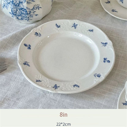 Simple Blue Printing Tableware Kitchen Supplies White Relief Tableware Western Dessert Steak Cake Dim Sum Fruit Dish Set