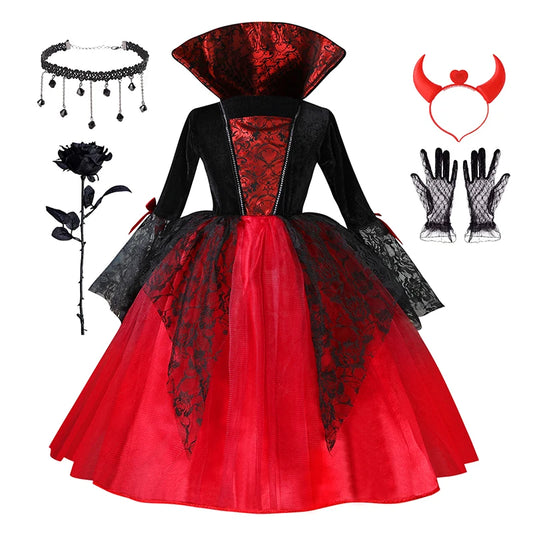Kids Girls Vampire Devil Cosplay Dress Complete Set with Accessories Halloween Theme Party Costume Holiday Gift for Girls
