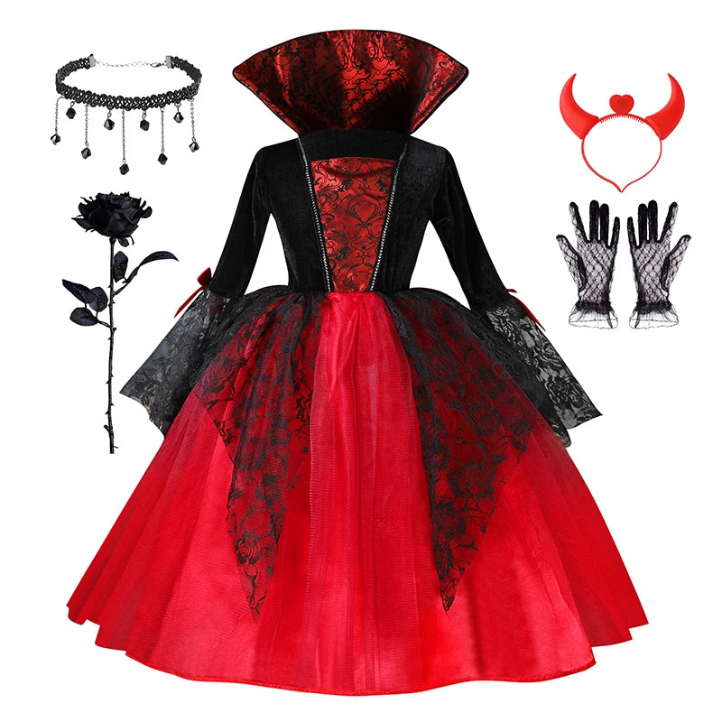 Kids Girls Vampire Devil Cosplay Dress Complete Set with Accessories Halloween Theme Party Costume Holiday Gift for Girls