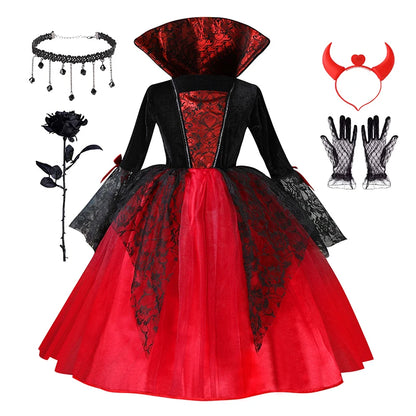 Kids Girls Vampire Devil Cosplay Dress Complete Set with Accessories Halloween Theme Party Costume Holiday Gift for Girls