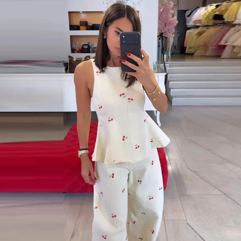 Casual Printed Women's Top Trouser Suits Sleeveless O-Neck Wide Leg Pants Lady Set 2026 Summer Vacation 2 Pieces Set Women New