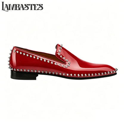 Metallic Stud Trimmed Mens Loafers Patent Matte PU Leather Slip on Shoes Edge Studded Accent Designer Style Formal Dress Shoes