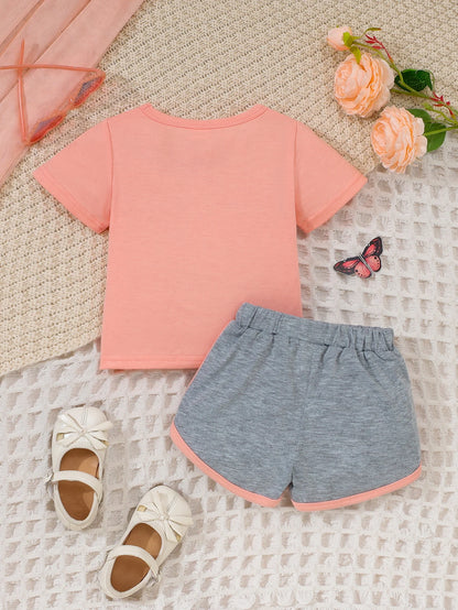 Summer Baby Girls 9-12M Pink Butterfly Print Short Sleeve T-Shirt & Gray Elastic Waist Shorts 2Pcs Set