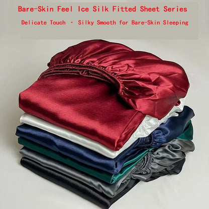 Summer Ice Silk Satin Fitted Sheet Solid Deep Pocket Mattress Cover Ultra Soft Wrinkle Resistant Bed Cover No Pillowcase For Sin
