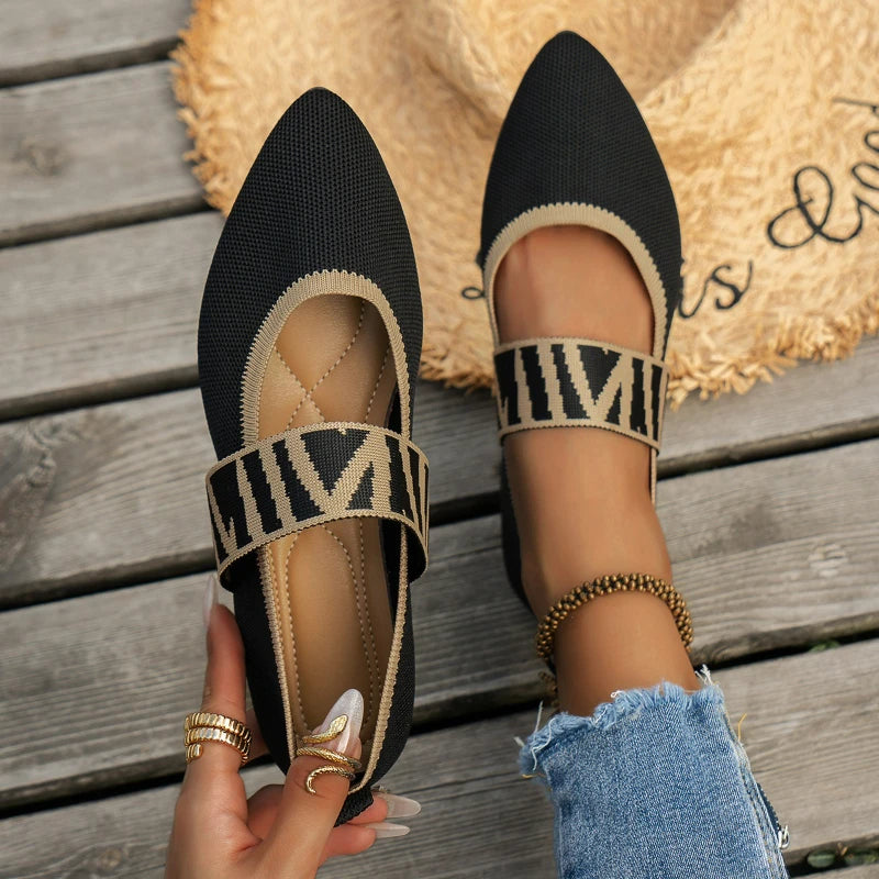 Women Ballet Flats Knitted Casual Shoes Low Heel Elegant Woman Sneakers Pointed Toe Shallow Loafers Vintage Slip on Women Shoes