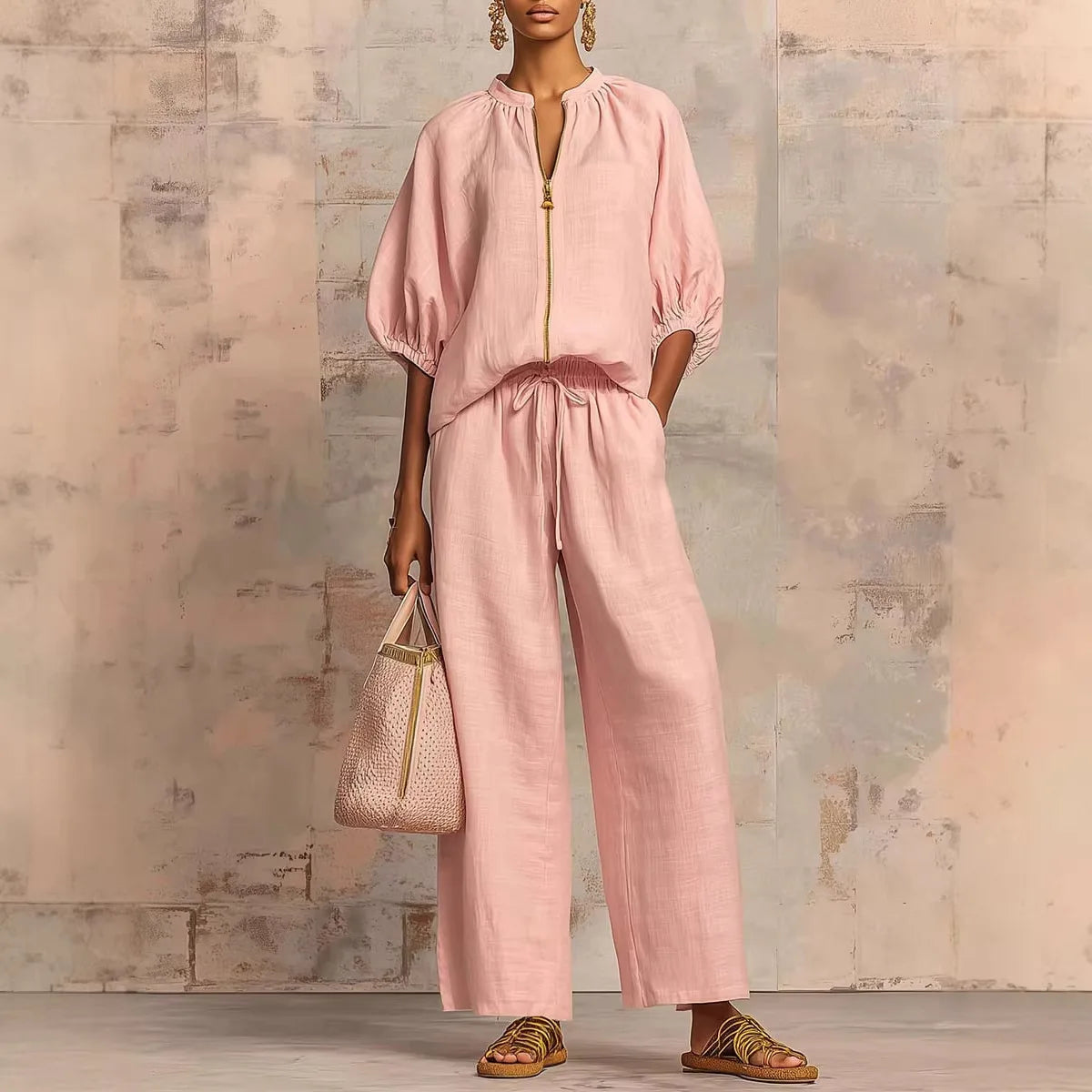 Women's Casual Solid Color Cozy Pant Set Chic Laple Zipper Short Sleeve Shirt Elasticity Waist Pant Suit Women New Two Piece Set