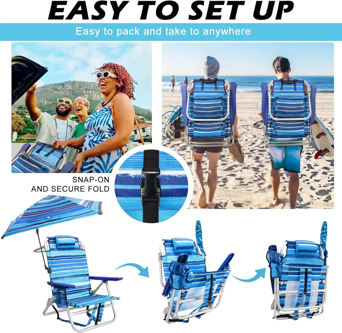 Backpack Beach Chair with Adjustable Umbrella, Folding Lounge Chair for Adults, Includes Cup Holder