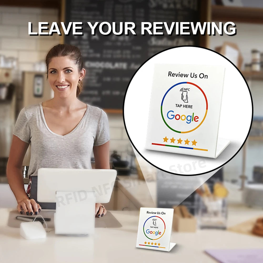 NFC 13.56Mhz programmable Google Review Card Station Table Tap Card NFC215 Chip 504Bytes RFID NFC Google Review stand display