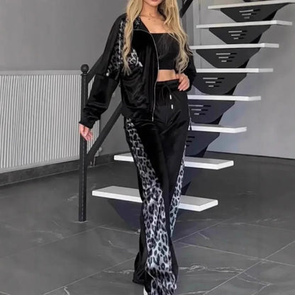 Women's 2-piece Set Retro Leopard Print Zipper Bomber Jacket Sweatshirt + High-waisted Trousers Sets Women's Velvet Pants Suit