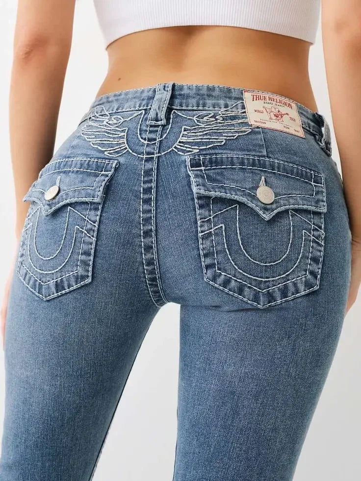 Rock Retro Boot Jeans Blue Leather Inserts Men Women Pocket Embroidery Denim Pants Y2k Gothic Low Waist Wide Leg Straight Jeans