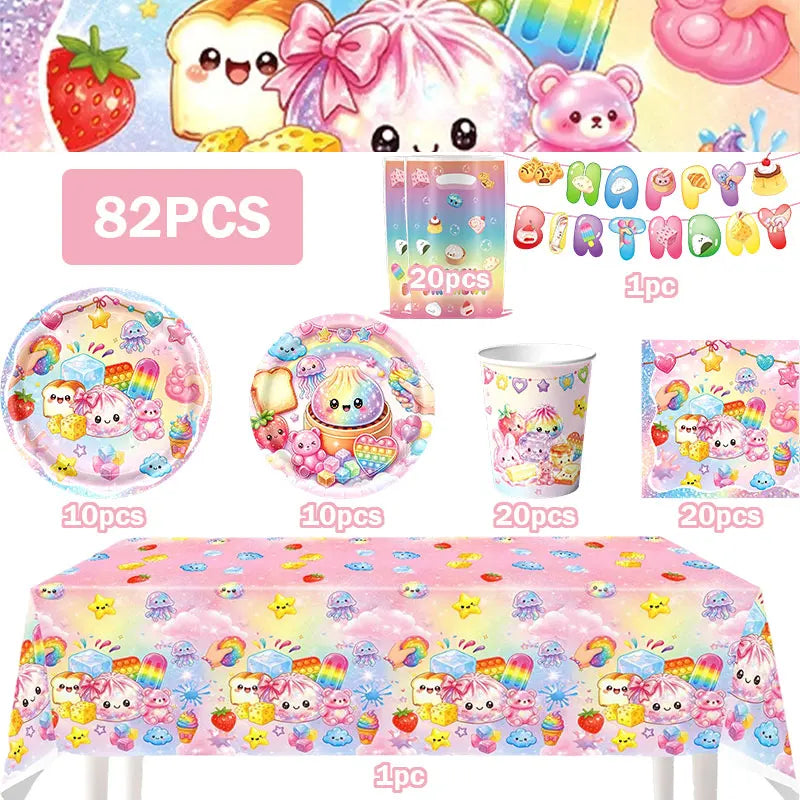 Squishy Bao Bun Themed Birthday Party Decorations Set Tableware Paper Plates Cups Cute Squishy Gift Bags Balloon Banner Supplies