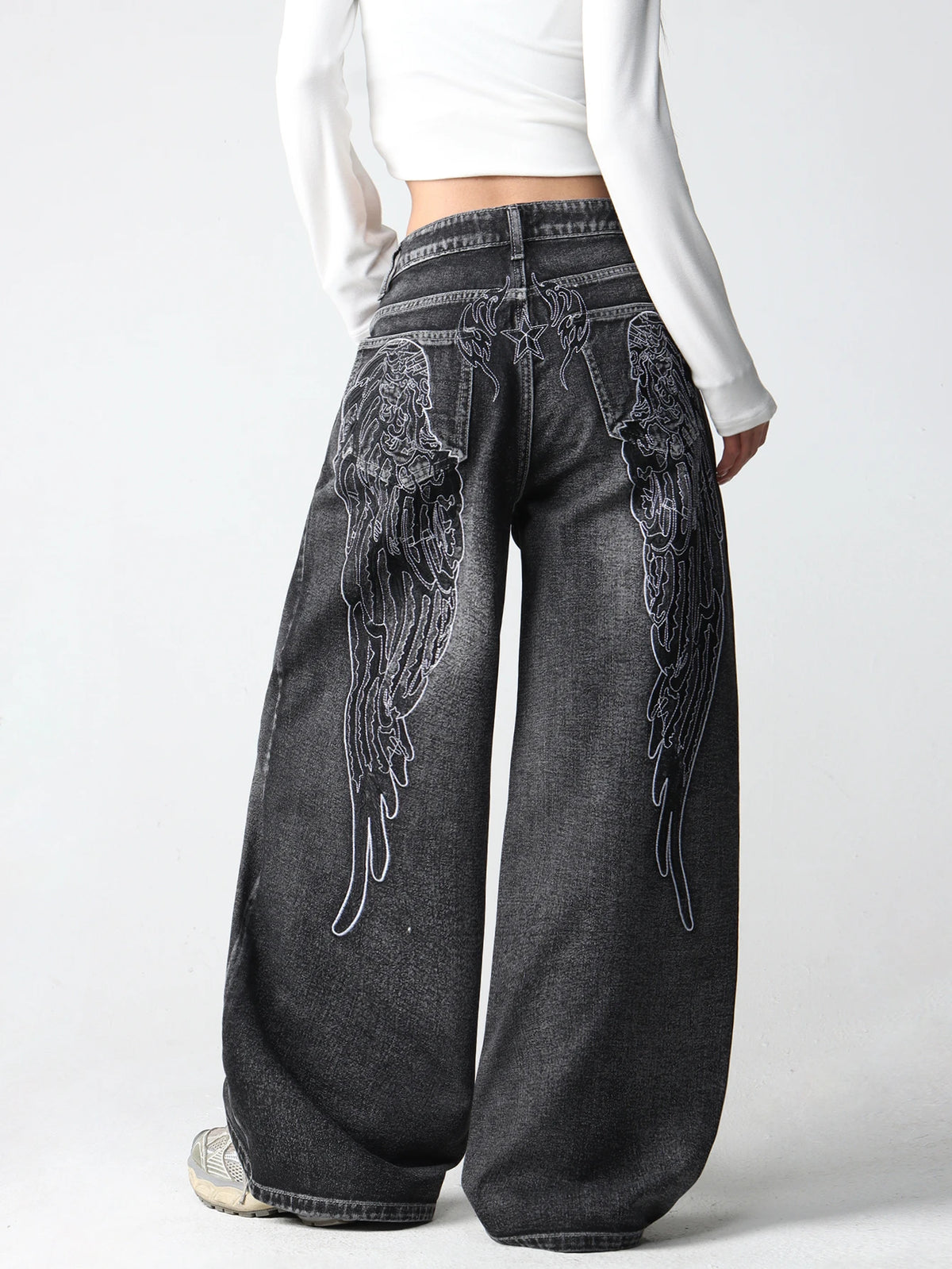 1 Pc American Retro Creative Wing Embroidered Women's High-Waisted Jeans, Fashionable And Versatile Slimming Wide-Leg Trousers